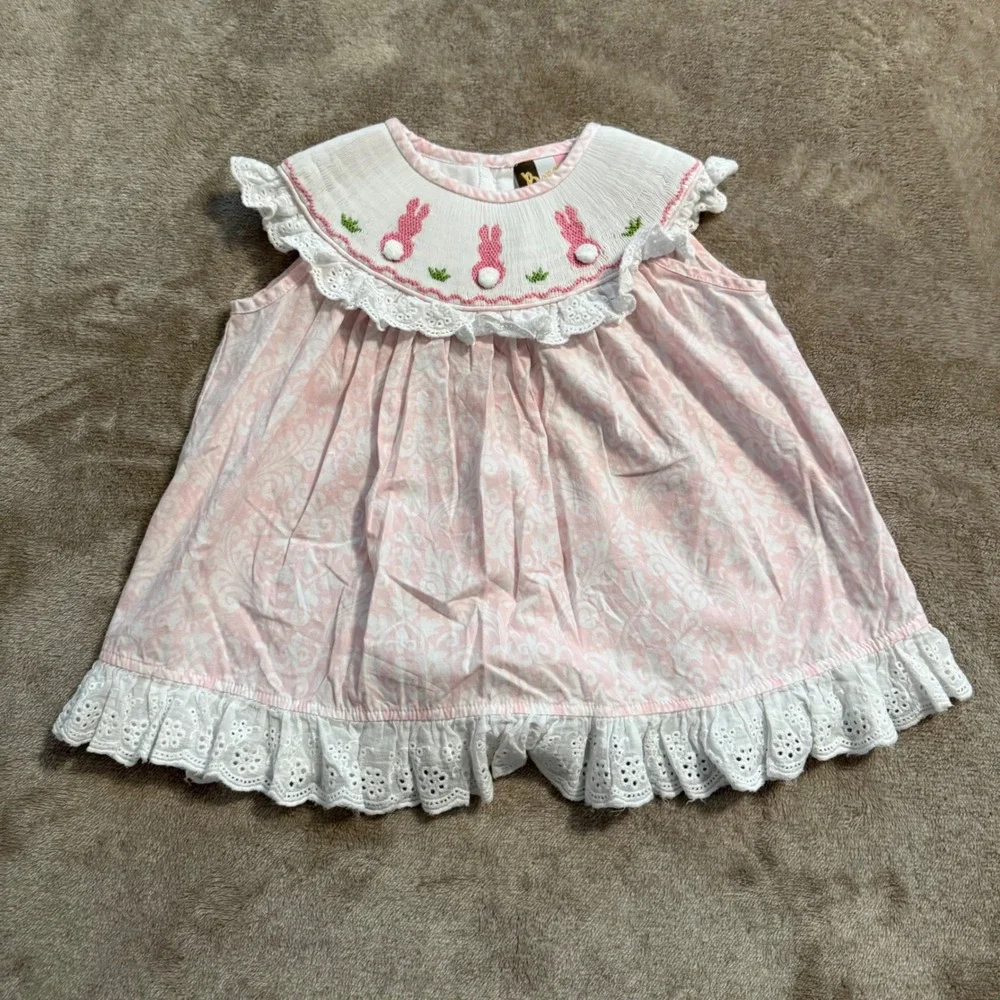 Banana Split Pink Smocked Bunny Easter Top and Bloomers Set 24M SM